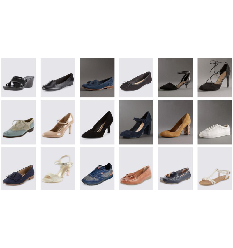 Įvairių spalvų nufotografuotų batų pavyzdžiai